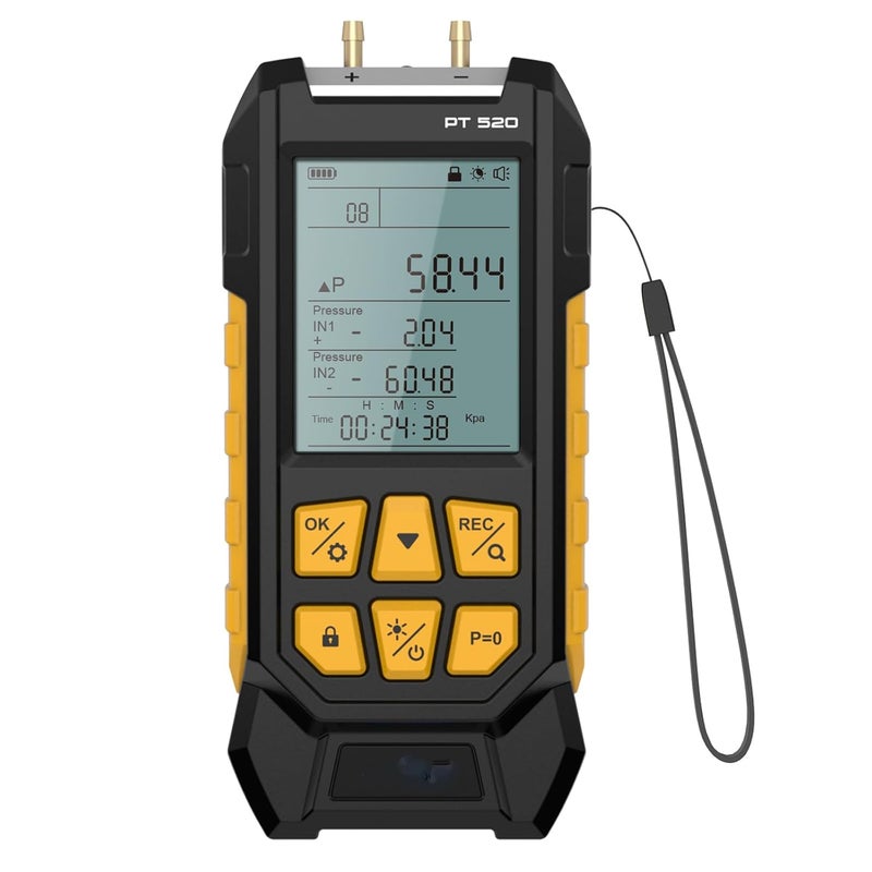VKALTUL Manometer, Digital Manometer HVAC Dual Port Air Gas Pressure Tester Differential with 10 Units High Accuracy Value 29 Data Stores Backlight Display,-100~200Kpa,-1000~2000mbar - Image 1